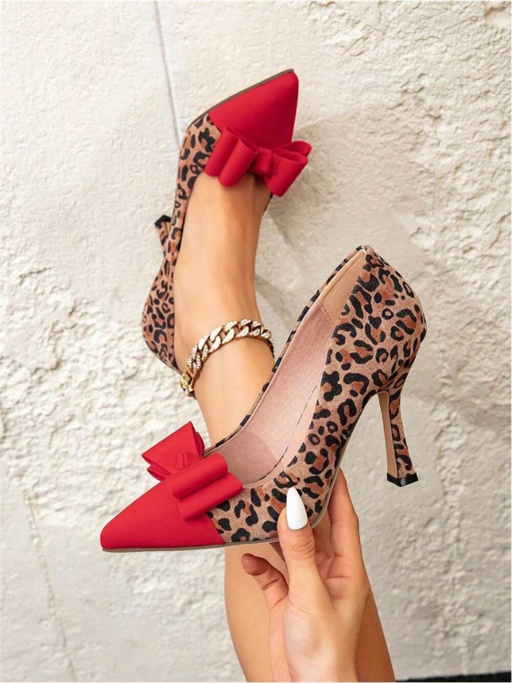 176- Elegant Leopard Print Bow Color Block High Heel Pumps